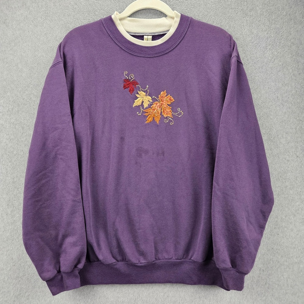 DECORATED ORIGINALS Sweatshirt Women XL Purple Embroidered Leaf Fall Pullover